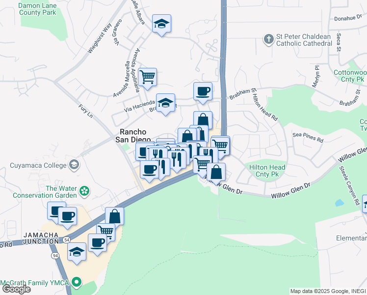 map of restaurants, bars, coffee shops, grocery stores, and more near 11454 Via Rancho San Diego in El Cajon
