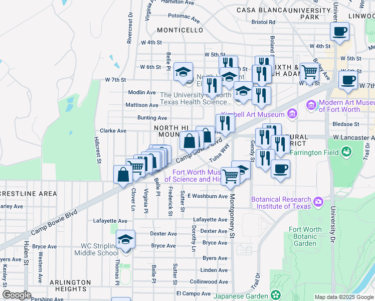 map of restaurants, bars, coffee shops, grocery stores, and more near 3800 Camp Bowie Boulevard in Fort Worth