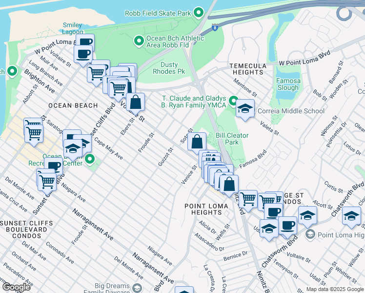map of restaurants, bars, coffee shops, grocery stores, and more near 4420 Voltaire Street in San Diego