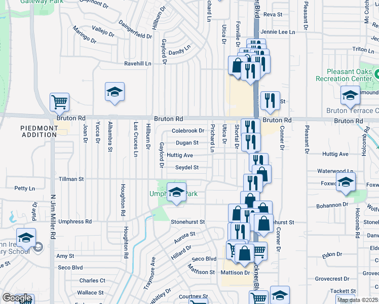 map of restaurants, bars, coffee shops, grocery stores, and more near 7807 Huttig Avenue in Dallas