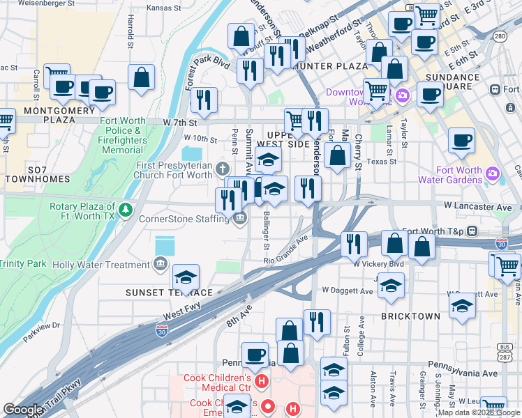 map of restaurants, bars, coffee shops, grocery stores, and more near 1201 Summit Avenue in Fort Worth