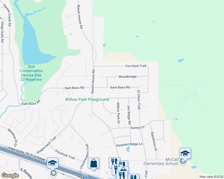 map of restaurants, bars, coffee shops, grocery stores, and more near 1206 Sam Bass Road in Willow Park