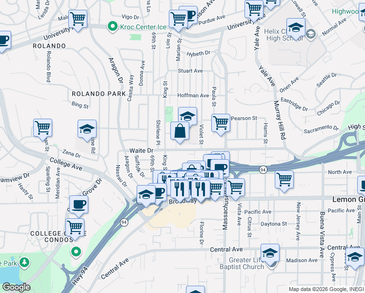 map of restaurants, bars, coffee shops, grocery stores, and more near 7022 Waite Drive in La Mesa