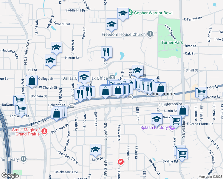 map of restaurants, bars, coffee shops, grocery stores, and more near 121 West Church Street in Grand Prairie
