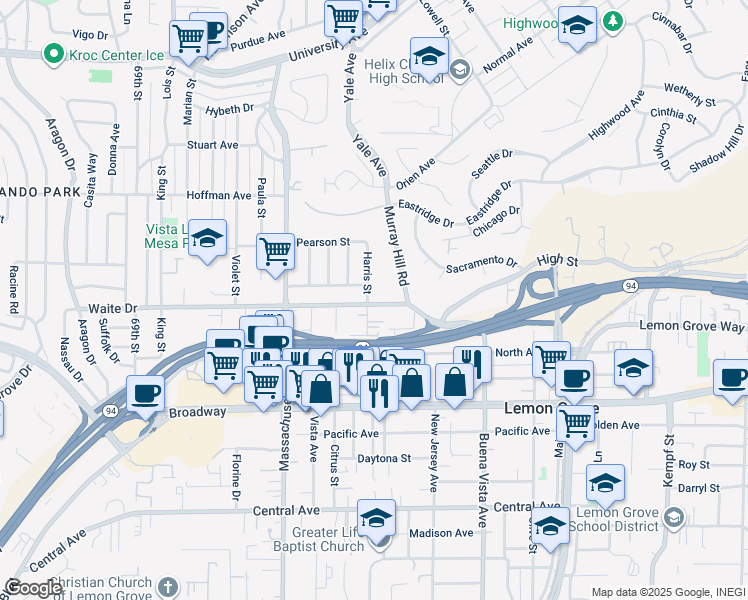 map of restaurants, bars, coffee shops, grocery stores, and more near 3801 Harris Street in La Mesa