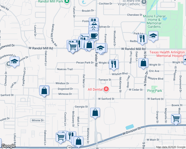 map of restaurants, bars, coffee shops, grocery stores, and more near 820 North Fielder Road in Arlington