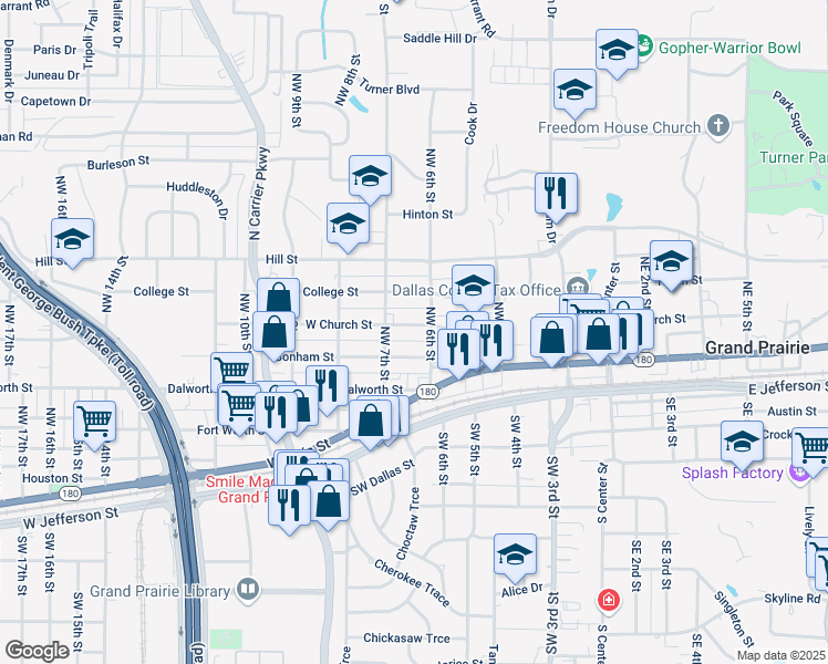 map of restaurants, bars, coffee shops, grocery stores, and more near 617 West Church Street in Grand Prairie