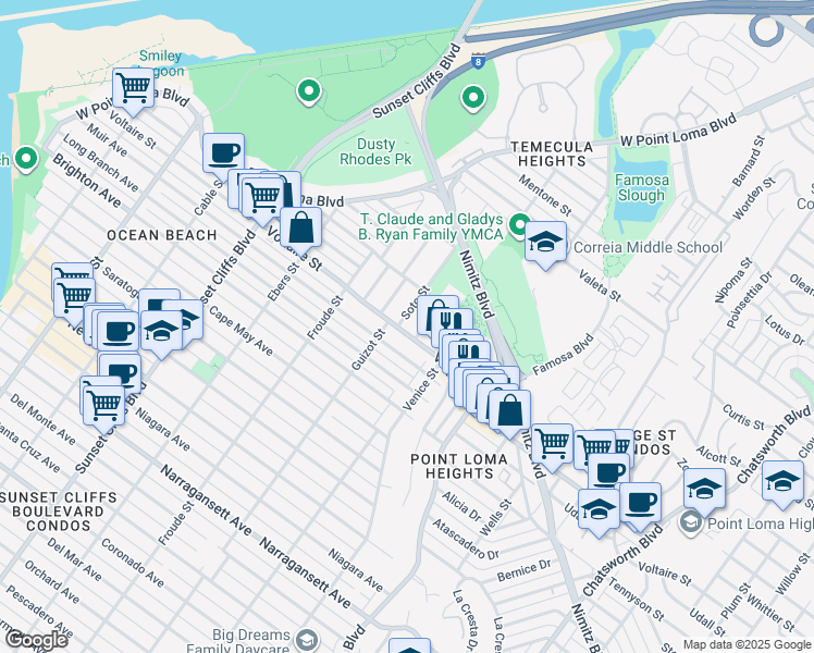 map of restaurants, bars, coffee shops, grocery stores, and more near 4420 Voltaire Street in San Diego
