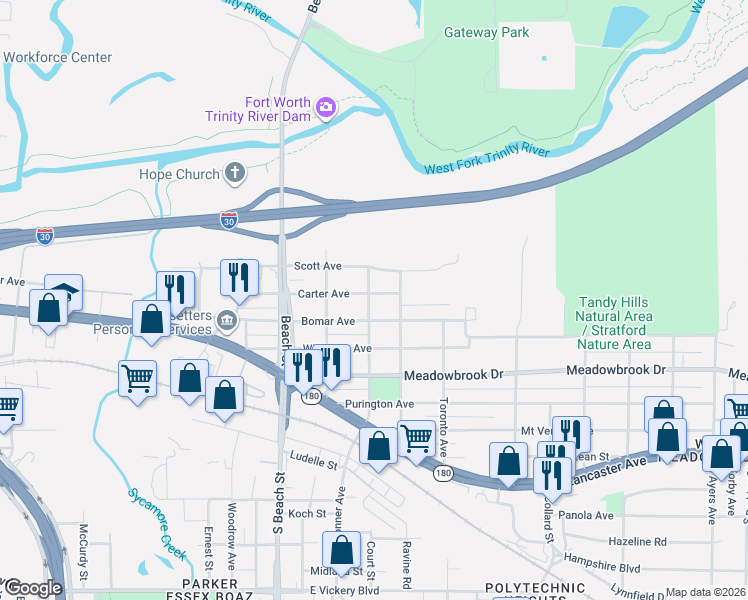 map of restaurants, bars, coffee shops, grocery stores, and more near 2800 Carter Ave in Fort Worth