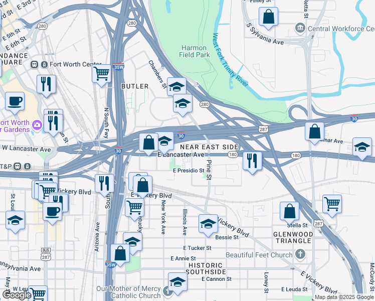 map of restaurants, bars, coffee shops, grocery stores, and more near 1405 East Lancaster Avenue in Fort Worth