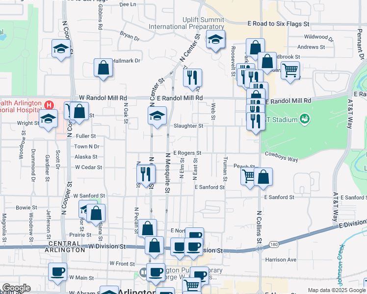 map of restaurants, bars, coffee shops, grocery stores, and more near 301 East Rogers Street in Arlington