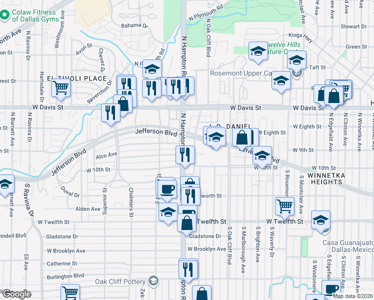 map of restaurants, bars, coffee shops, grocery stores, and more near 206 N Hampton Rd in Dallas