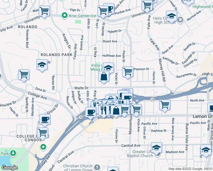 map of restaurants, bars, coffee shops, grocery stores, and more near 7022 Waite Drive in La Mesa