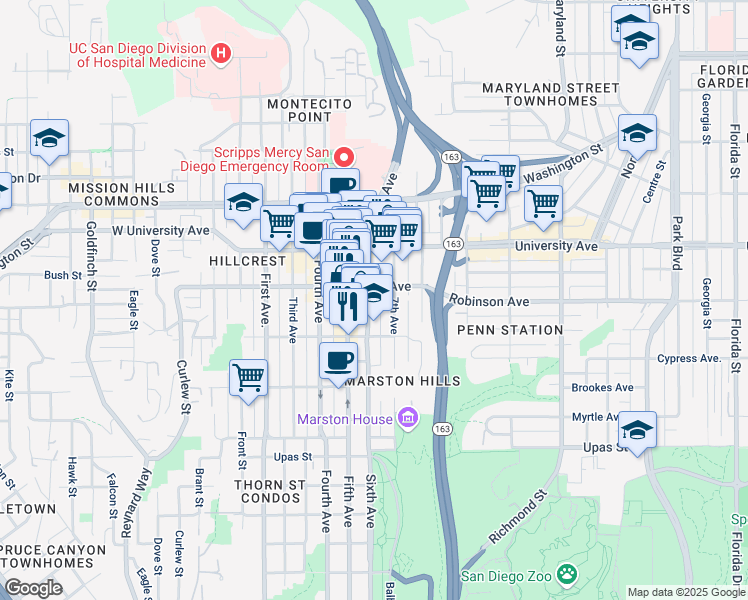 map of restaurants, bars, coffee shops, grocery stores, and more near 3775 Sixth Avenue in San Diego