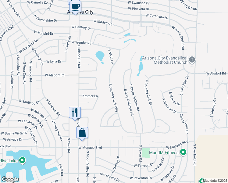 map of restaurants, bars, coffee shops, grocery stores, and more near 14685 South Country Club Way in Arizona City