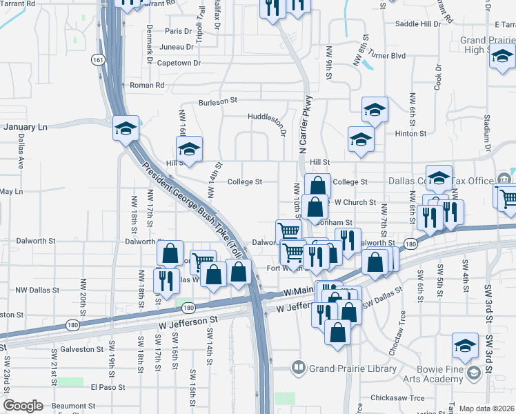 map of restaurants, bars, coffee shops, grocery stores, and more near 1129 West Church Street in Grand Prairie