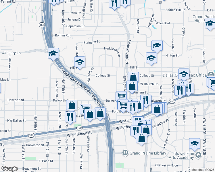 map of restaurants, bars, coffee shops, grocery stores, and more near 1129 West Church Street in Grand Prairie