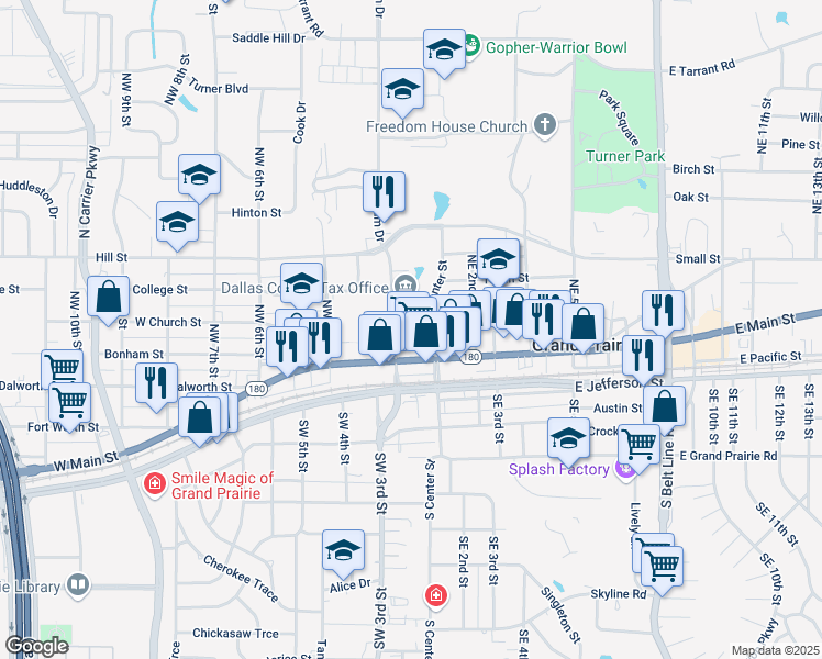 map of restaurants, bars, coffee shops, grocery stores, and more near 122 North Center Street in Grand Prairie