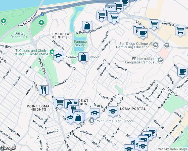 map of restaurants, bars, coffee shops, grocery stores, and more near 3788 Elliott Street in San Diego