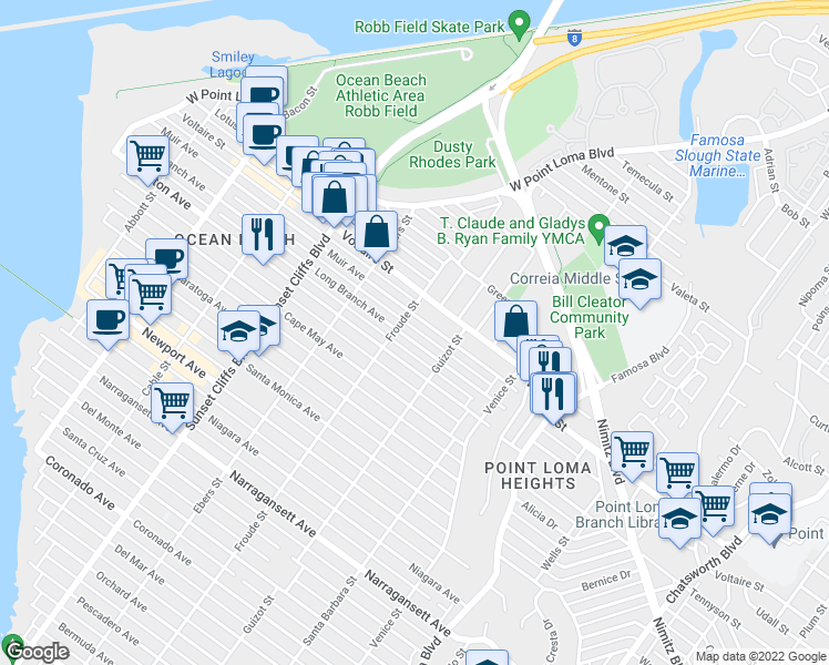 map of restaurants, bars, coffee shops, grocery stores, and more near 4564 Long Branch Avenue in San Diego