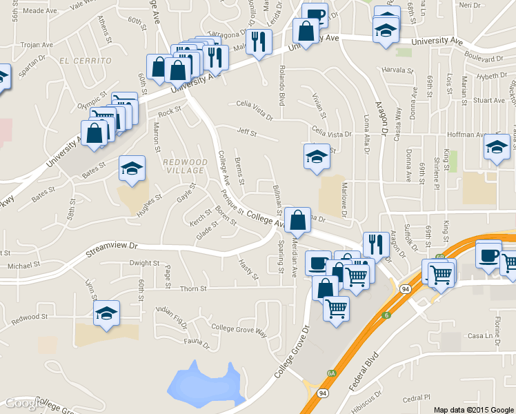 map of restaurants, bars, coffee shops, grocery stores, and more near 3659 College Avenue in San Diego