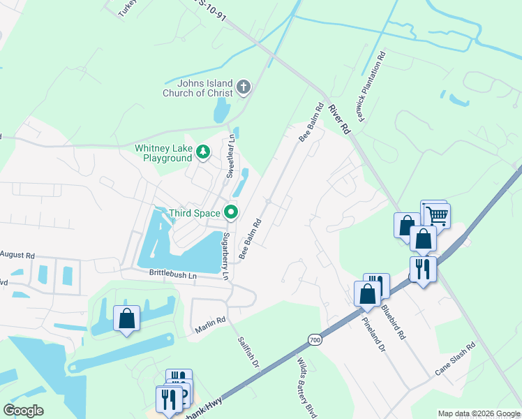 map of restaurants, bars, coffee shops, grocery stores, and more near 1719 Bee Balm Road in Johns Island