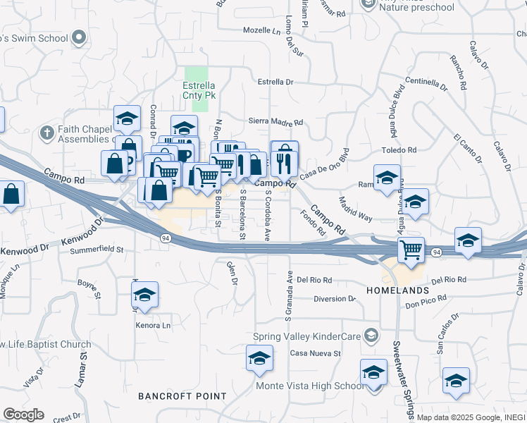 map of restaurants, bars, coffee shops, grocery stores, and more near 3654 South Cordoba Avenue in Spring Valley