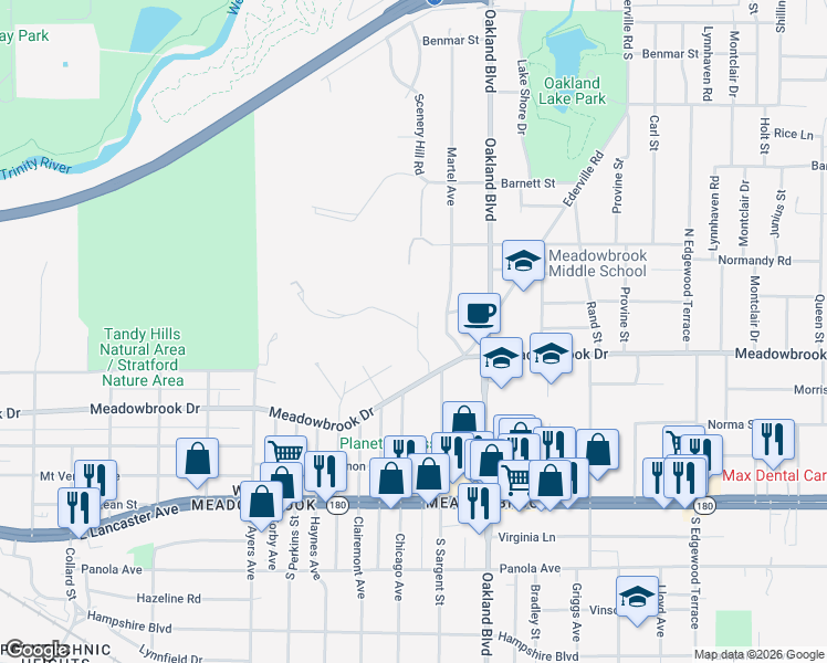 map of restaurants, bars, coffee shops, grocery stores, and more near 2200 Chelsea Road in Fort Worth