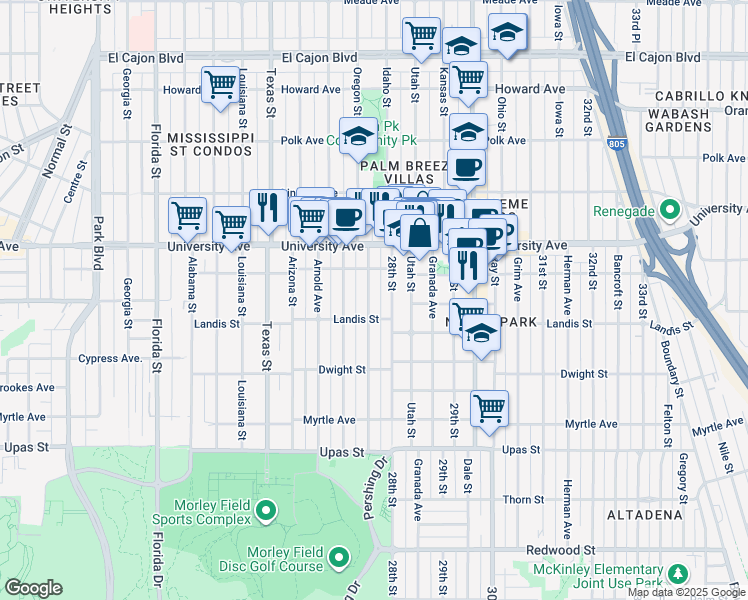 map of restaurants, bars, coffee shops, grocery stores, and more near 3735 Pershing Avenue in San Diego