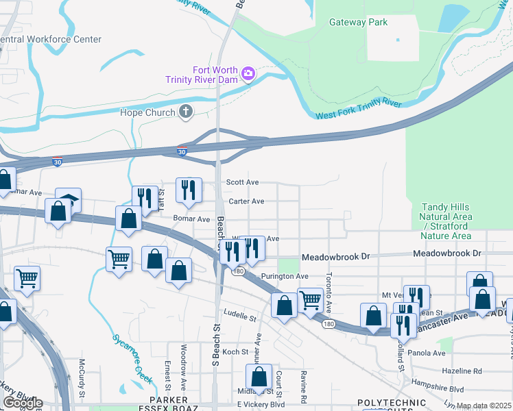 map of restaurants, bars, coffee shops, grocery stores, and more near 2710 Carter Avenue in Fort Worth