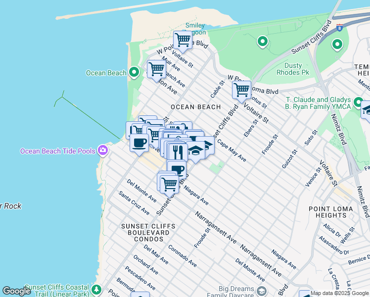map of restaurants, bars, coffee shops, grocery stores, and more near 4870 Santa Monica Avenue in San Diego