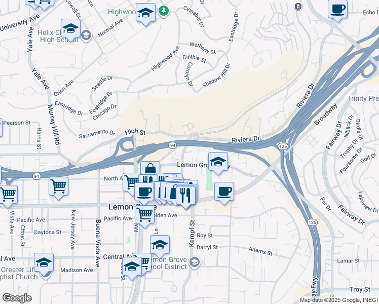 map of restaurants, bars, coffee shops, grocery stores, and more near 3753 Grove Street in Lemon Grove