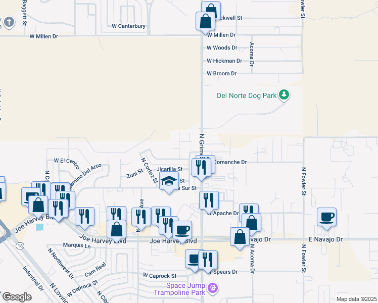 map of restaurants, bars, coffee shops, grocery stores, and more near 4149 North Apodaca Street in Hobbs