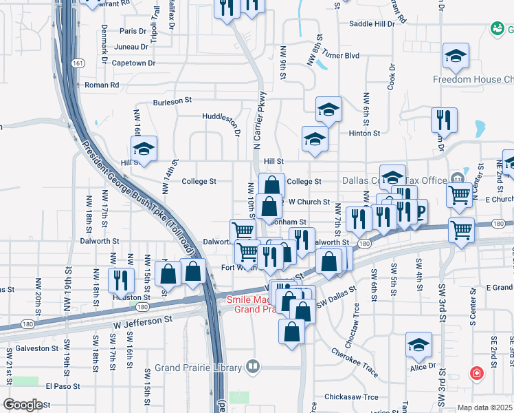 map of restaurants, bars, coffee shops, grocery stores, and more near 517n North Carrier Parkway in Grand Prairie