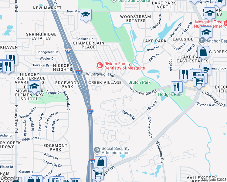 map of restaurants, bars, coffee shops, grocery stores, and more near 800 West Cartwright Road in Mesquite