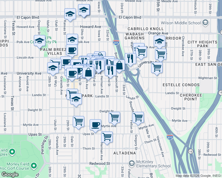 map of restaurants, bars, coffee shops, grocery stores, and more near 3747 32nd Street in San Diego