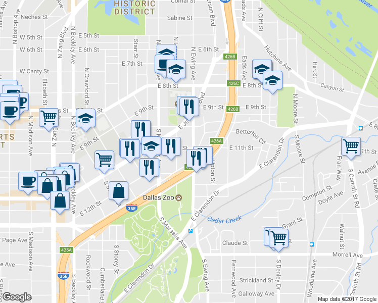 map of restaurants, bars, coffee shops, grocery stores, and more near 201 South Ewing Avenue in Dallas