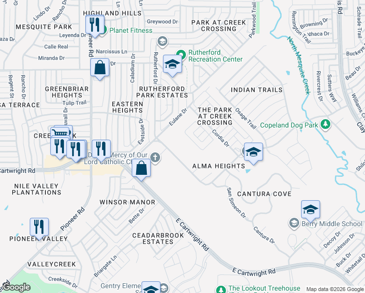 map of restaurants, bars, coffee shops, grocery stores, and more near 1695 Mesquite Valley Road in Mesquite