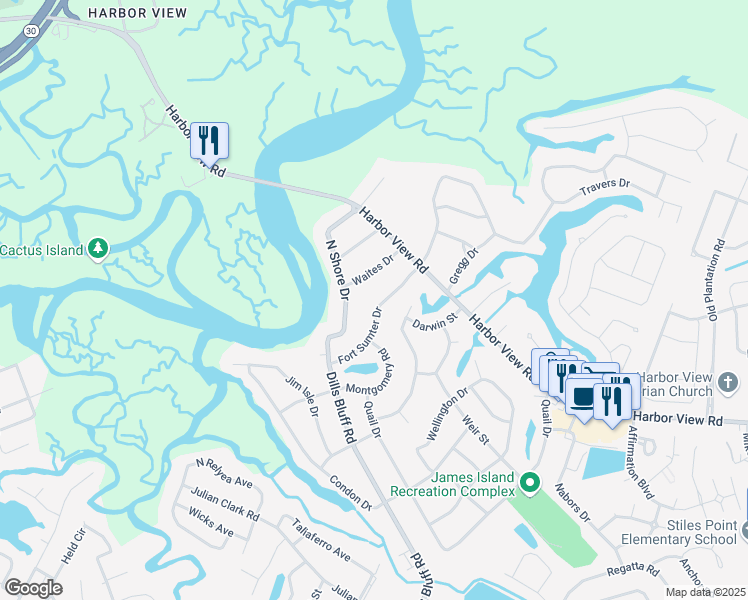 map of restaurants, bars, coffee shops, grocery stores, and more near 739 Fort Sumter Drive in Charleston