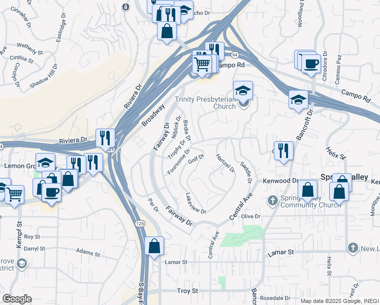 map of restaurants, bars, coffee shops, grocery stores, and more near 3587 Foursome Drive in La Mesa