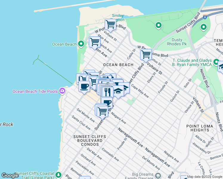 map of restaurants, bars, coffee shops, grocery stores, and more near in San Diego