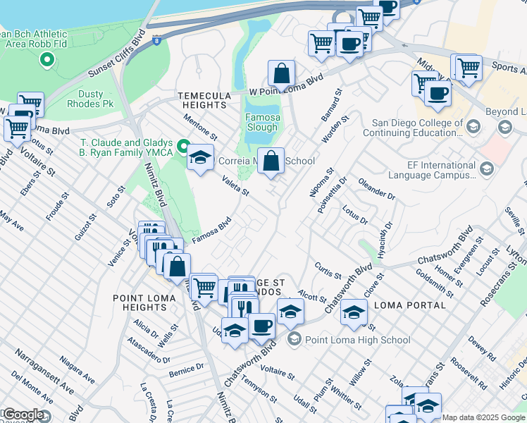 map of restaurants, bars, coffee shops, grocery stores, and more near 2478 Caminito Venido in San Diego
