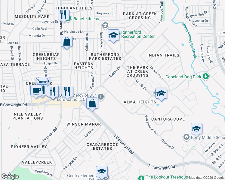 map of restaurants, bars, coffee shops, grocery stores, and more near 1695 Mesquite Valley Road in Mesquite