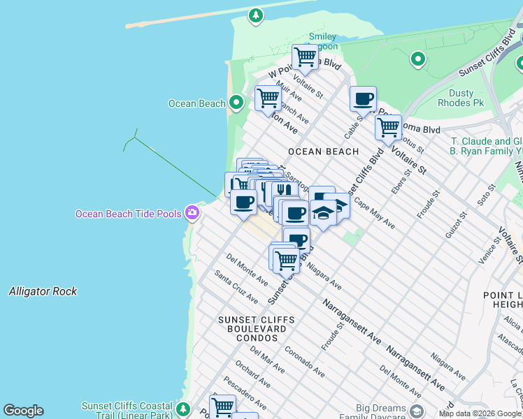 map of restaurants, bars, coffee shops, grocery stores, and more near 4961 Newport Avenue in San Diego
