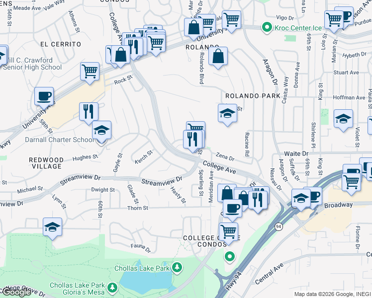 map of restaurants, bars, coffee shops, grocery stores, and more near 3659 College Avenue in San Diego