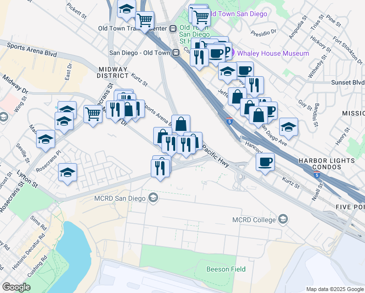 map of restaurants, bars, coffee shops, grocery stores, and more near 3634 Enterprise Street in San Diego