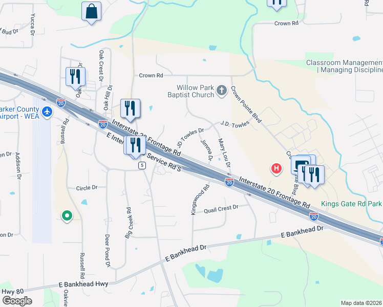 map of restaurants, bars, coffee shops, grocery stores, and more near 4201 Interstate 20 Frontage Road in Willow Park