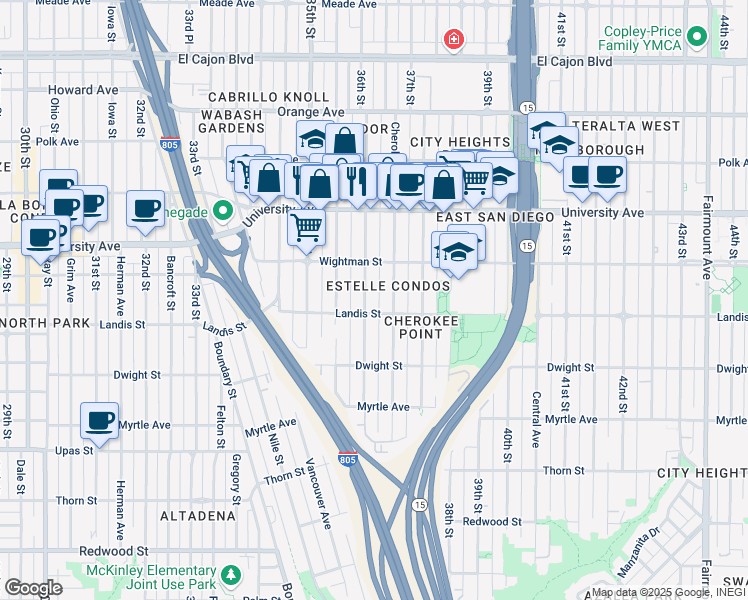 map of restaurants, bars, coffee shops, grocery stores, and more near 3723 36th Street in San Diego