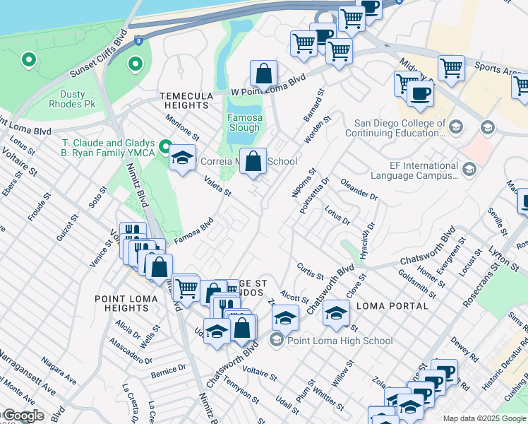 map of restaurants, bars, coffee shops, grocery stores, and more near 2561 Worden Street in San Diego