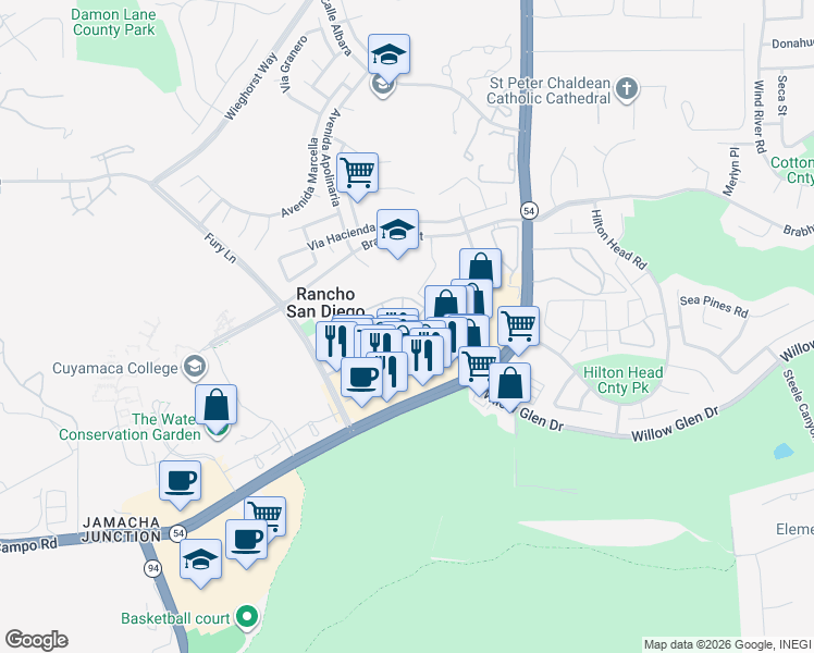 map of restaurants, bars, coffee shops, grocery stores, and more near 11430 Via Rancho San Diego in El Cajon